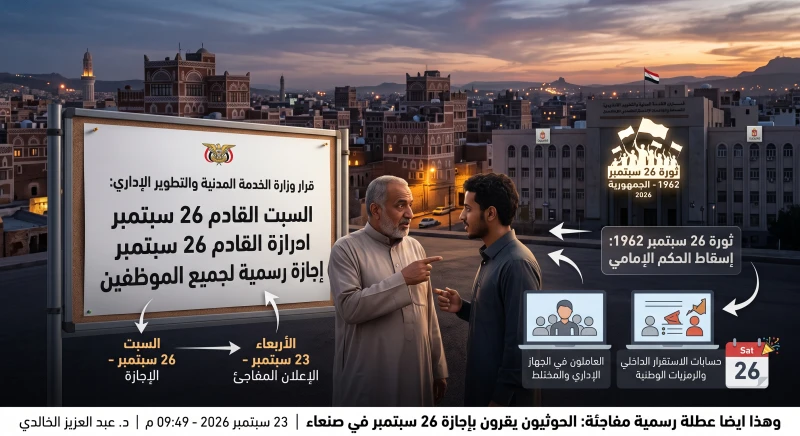 عطلة رسمية مفاجئة: الحوثيون يقرون بإجازة 26 سبتمبر في صنعاء