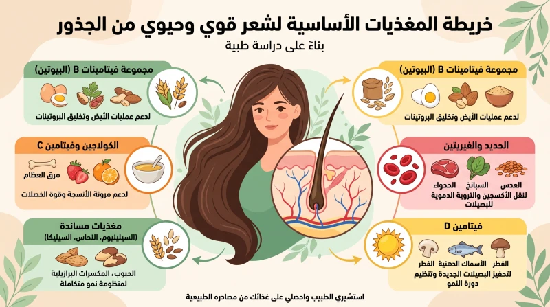إنفوجرافيك توضيحي يُبيّن أهم الفيتامينات والمعادن لتغذية بصيلات الشعر وتقويته من الجذور.